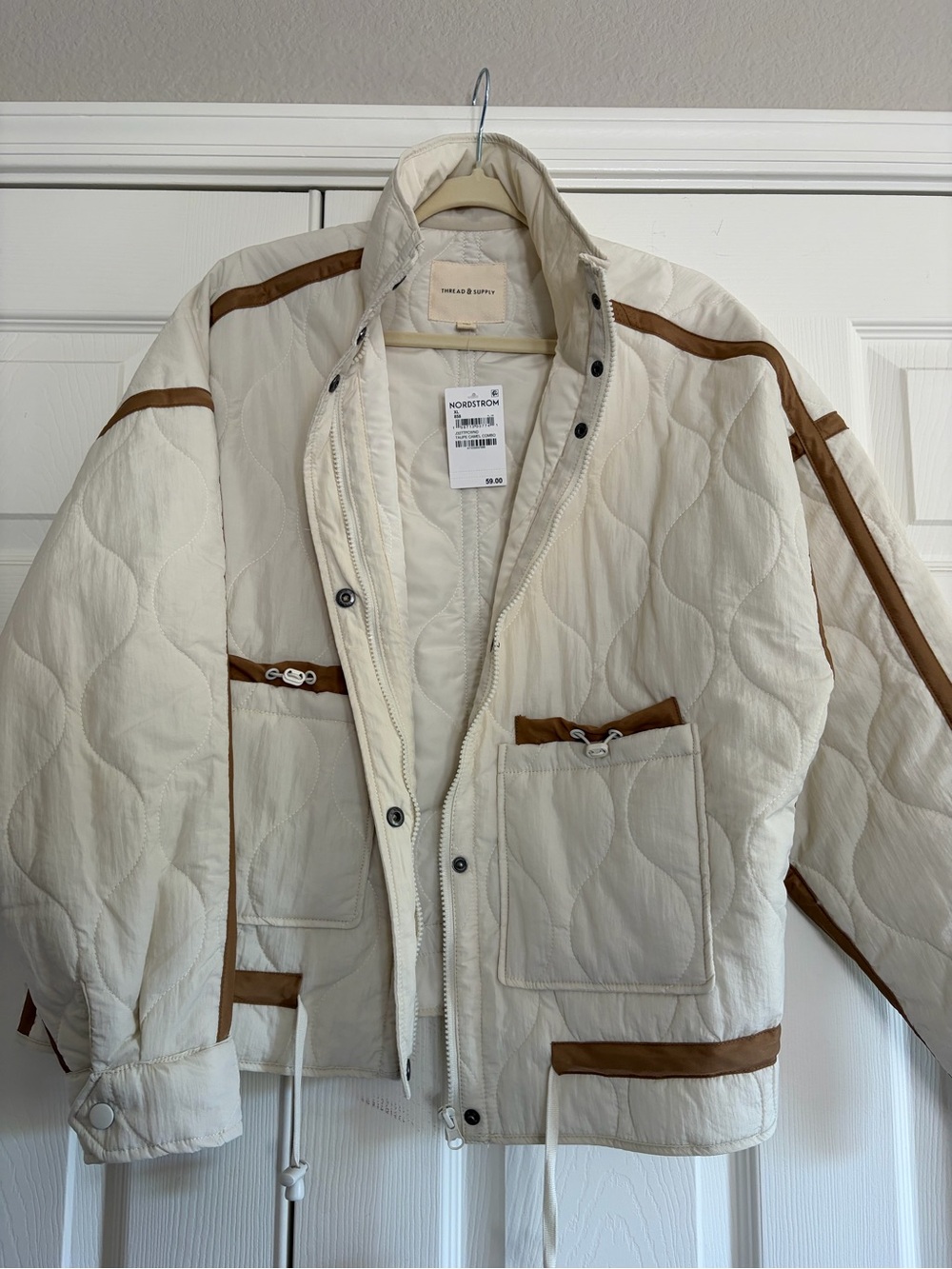 Thread & Supply Quilted Cream Jacket with Brown Trim